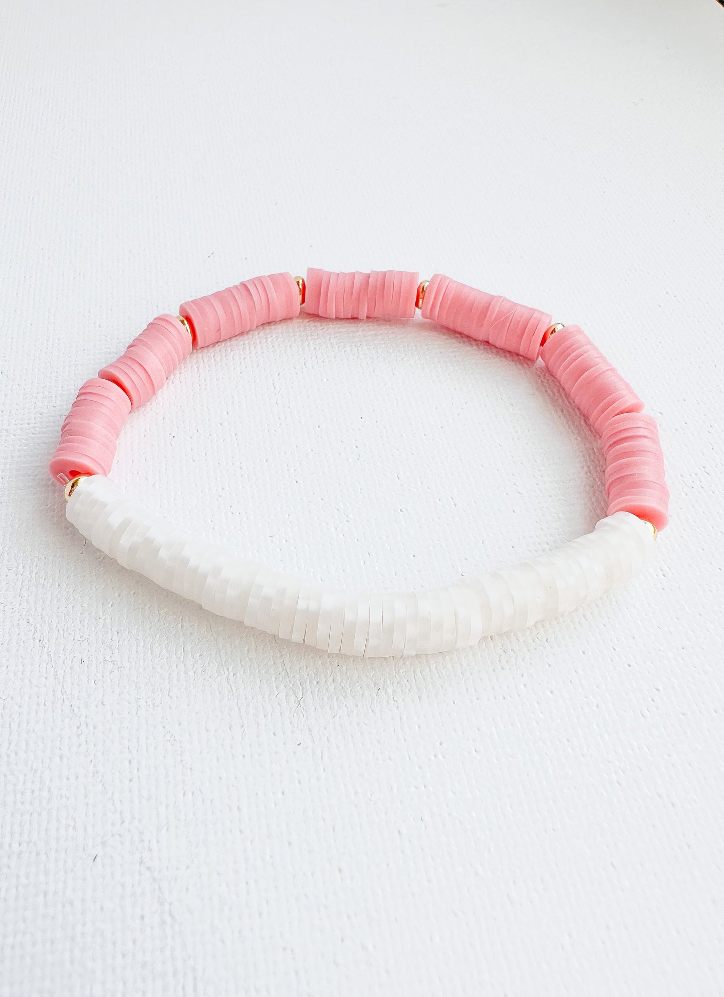Pink and White Chip Bead Stretch Bracelet
